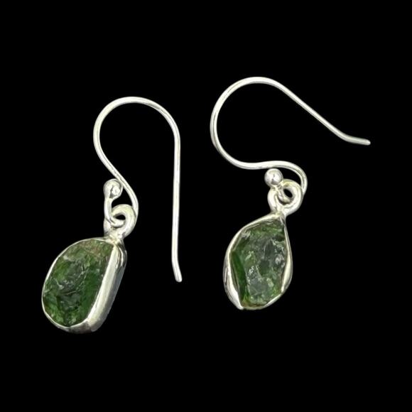 Raw Chrome Diopside Dangle Earrings 925 Sterling Silver Green Handmade - Picture 5 of 6